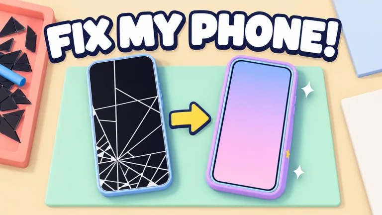 Official Fix My Phone artwork: a cracked phone and a repaired phone on a mint work mat